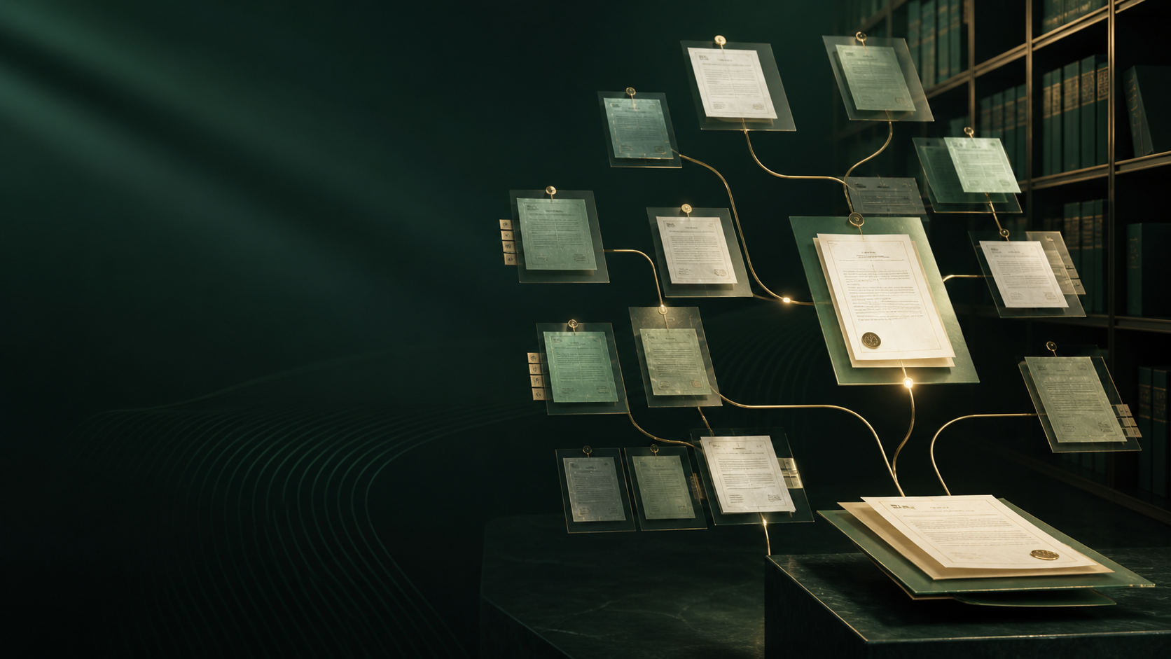Abstract library of versioned documents connected through visible evidence trails