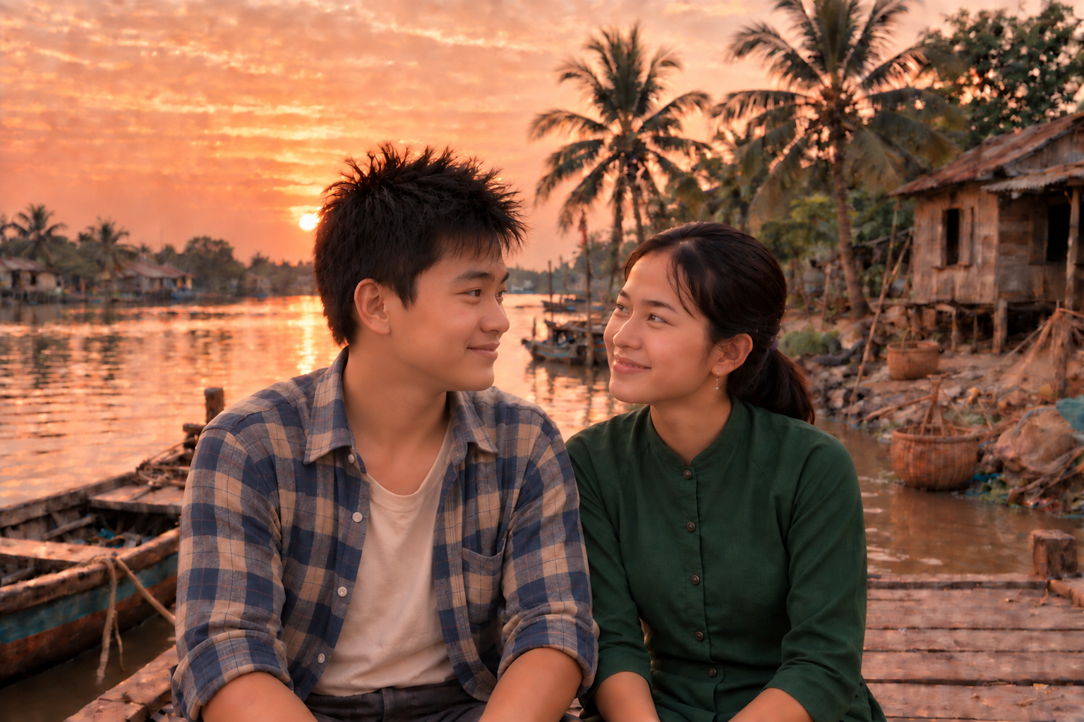 Lập và Ngân bên bờ sông chiều tà